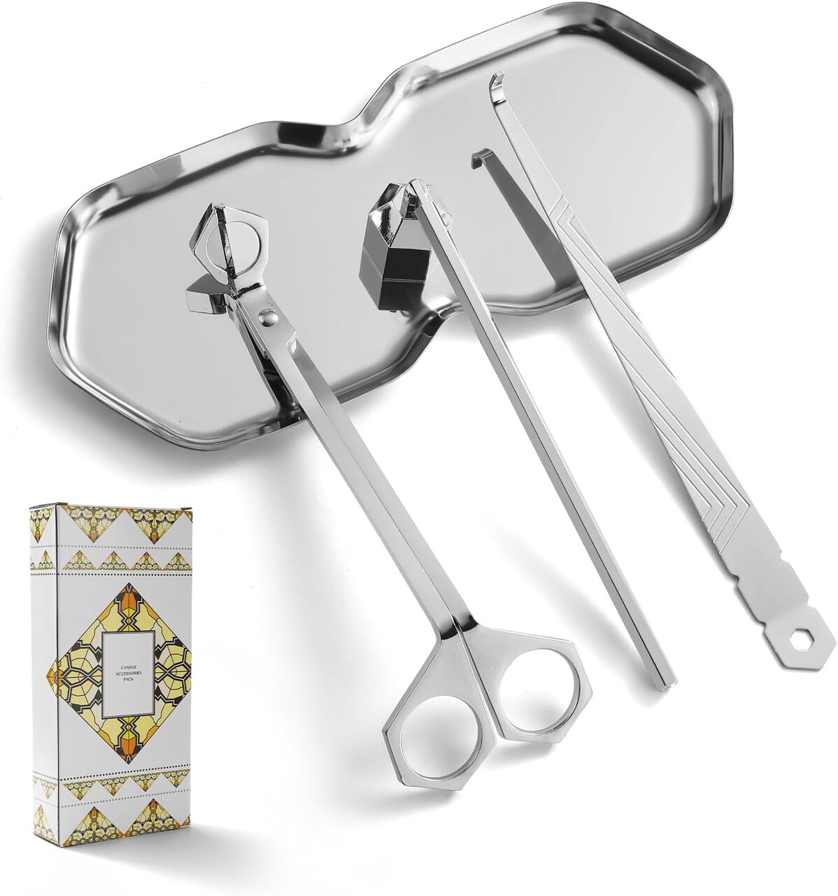 4-in-1 Candle Accessory Set – Wick Trimmer, Snuffer, Scoop & Tray, Silver (Silver)